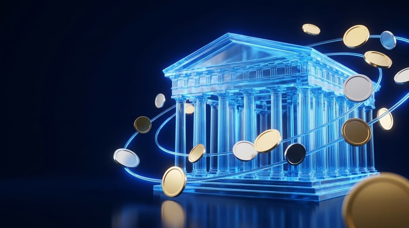Illustration of a glass government building with glowing coins orbiting it