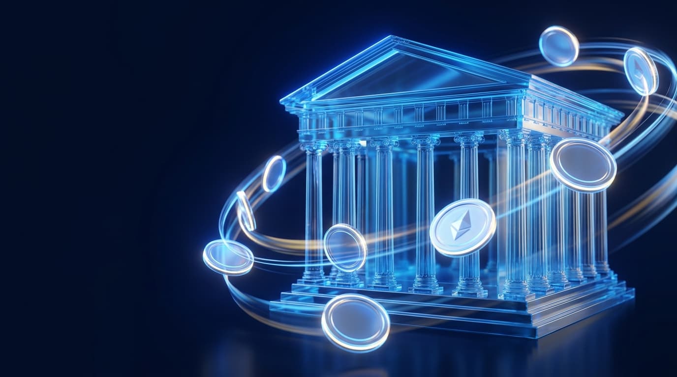Illustration of a glass government building with glowing coins orbiting it