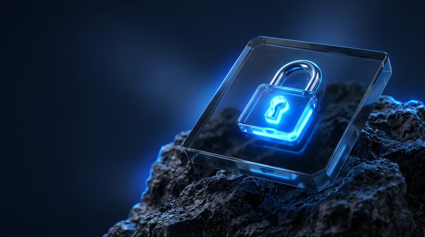 Illustration of a glowing padlock embedded in a dark glass slab on volcanic rock
