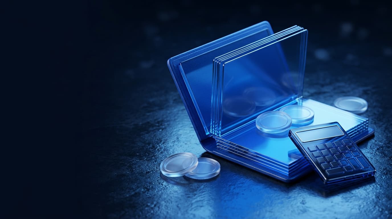 Illustration of an open glass ledger with translucent coins and a calculator on dark stone