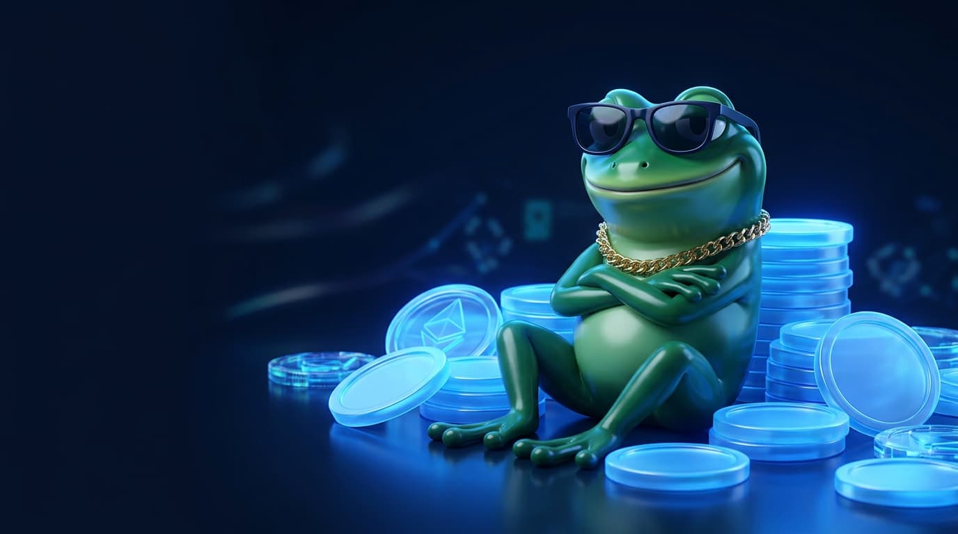 Illustration of a glossy frog mascot in sunglasses sitting among glowing blue coins