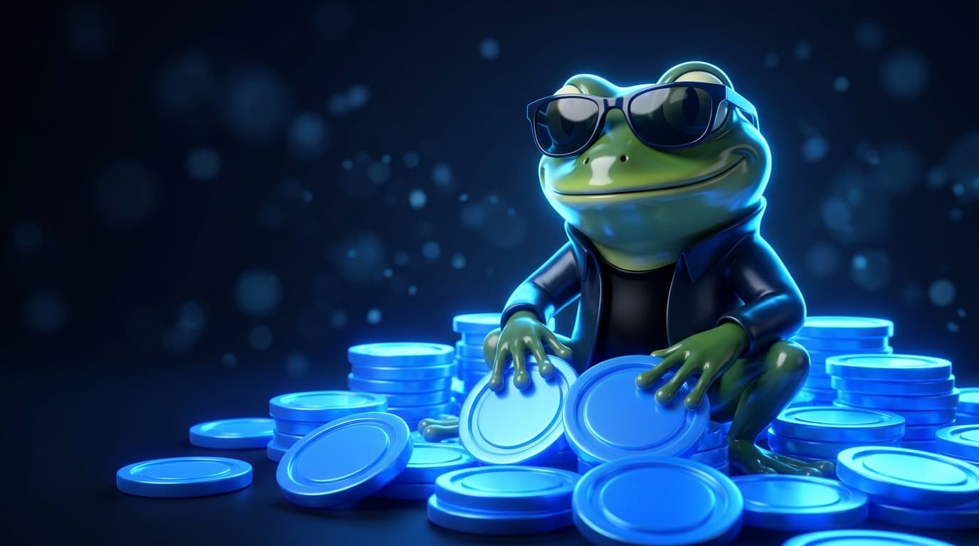 Illustration of a glossy frog mascot in sunglasses sitting among glowing blue coins