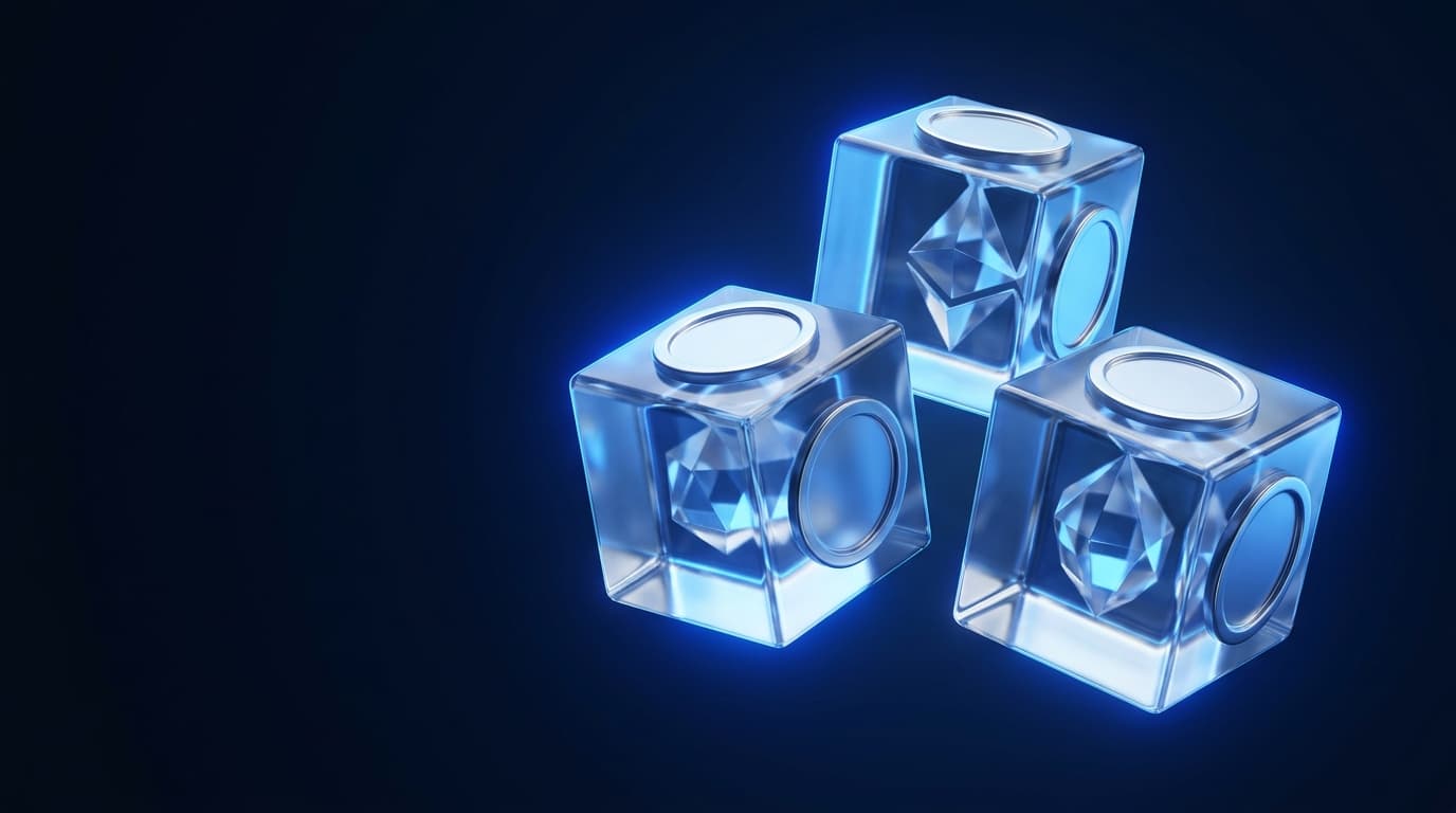 Illustration of three glowing glass cubes holding abstract crystals