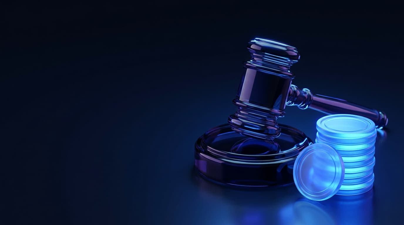 Illustration of a dark glass gavel beside a stack of glowing blue coins