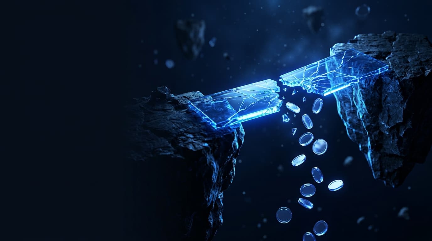 Illustration of a broken glowing glass bridge between two floating islands with coins falling into the gap