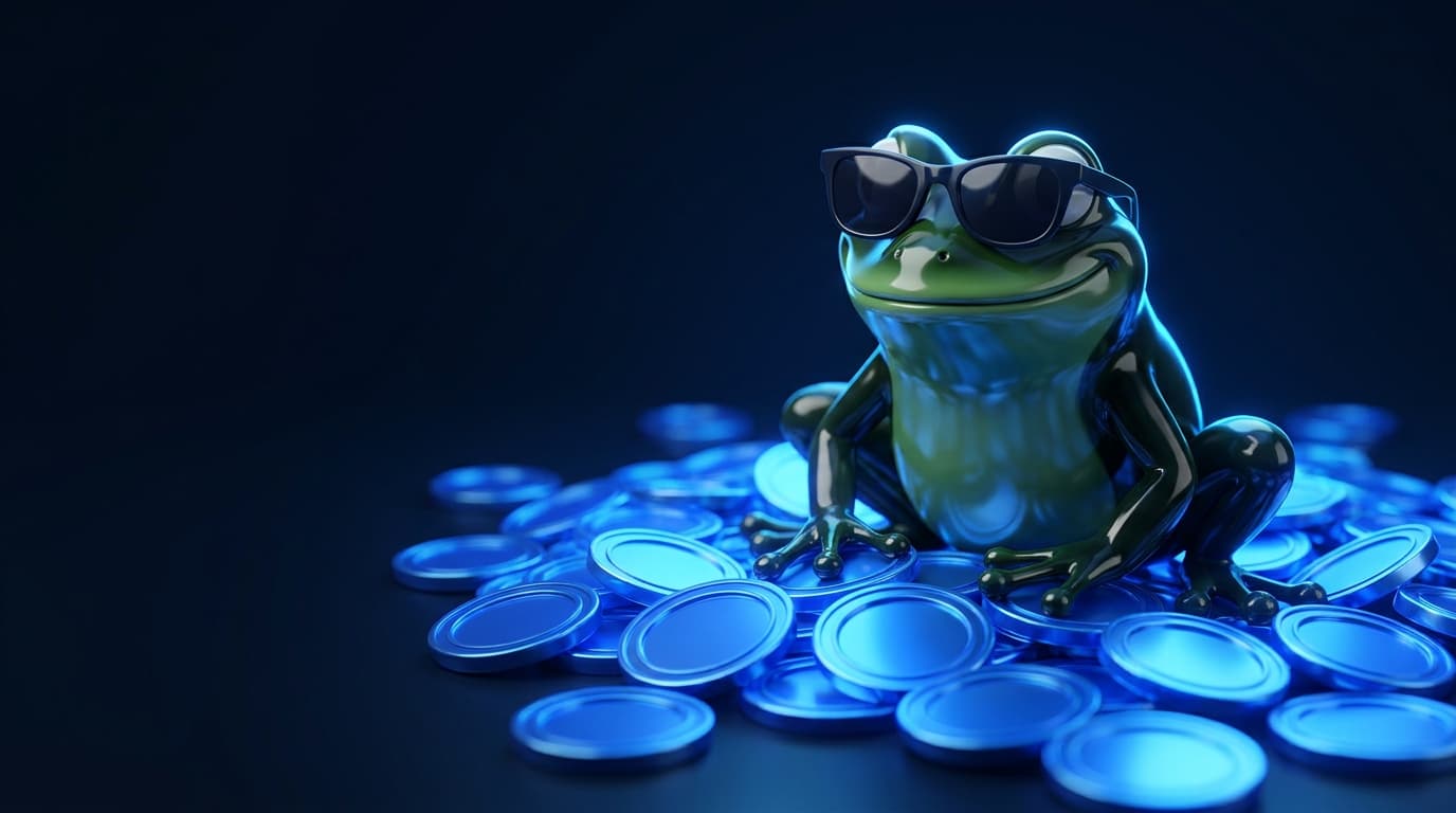 Illustration of a glossy frog mascot in sunglasses sitting among glowing blue coins