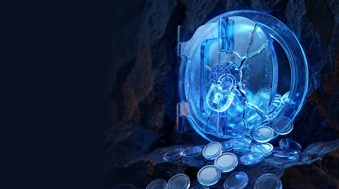 Illustration of a cracked glass vault door with a glowing padlock and coins spilling onto dark rock