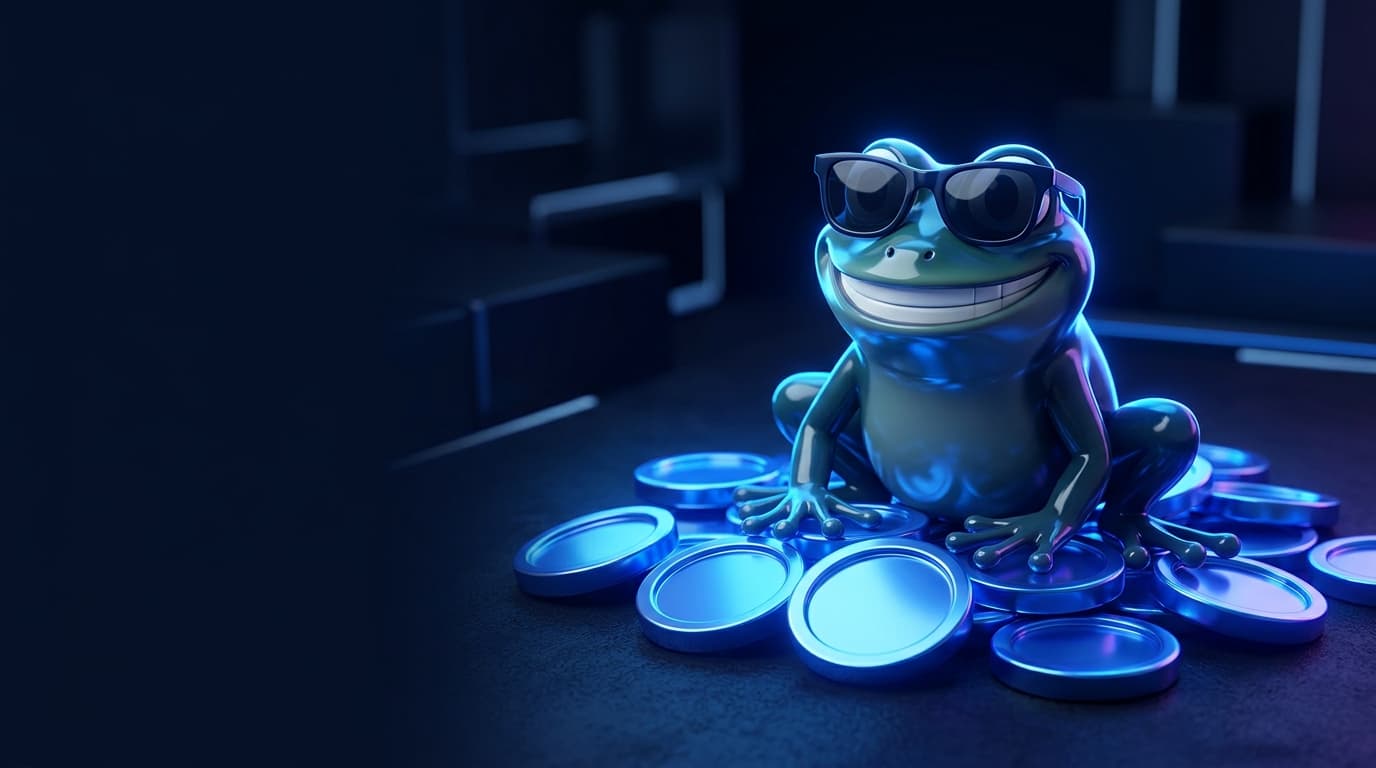 Illustration of a glossy frog mascot in sunglasses sitting among glowing blue coins