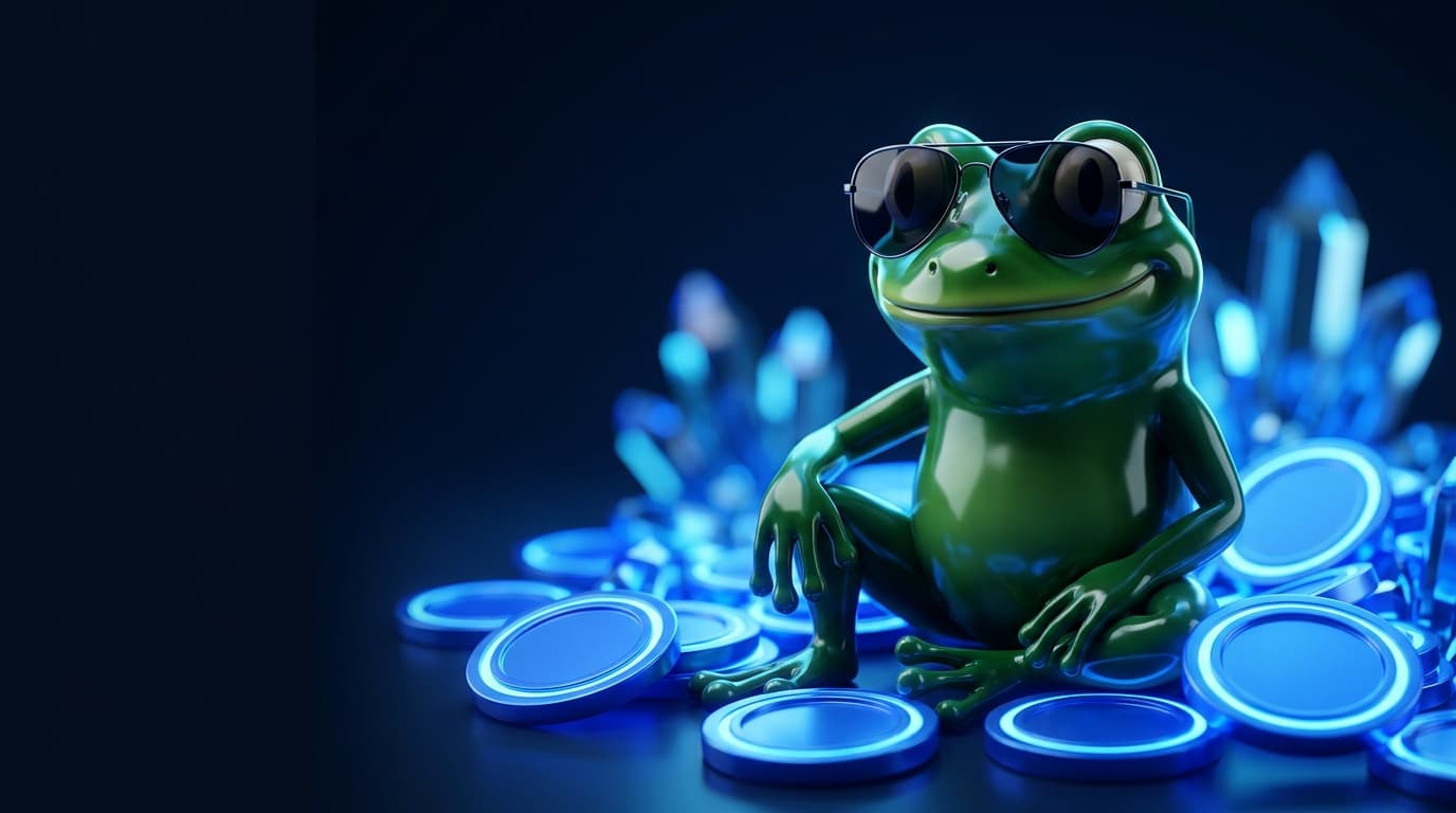 Illustration of a glossy frog mascot in sunglasses sitting among glowing blue coins