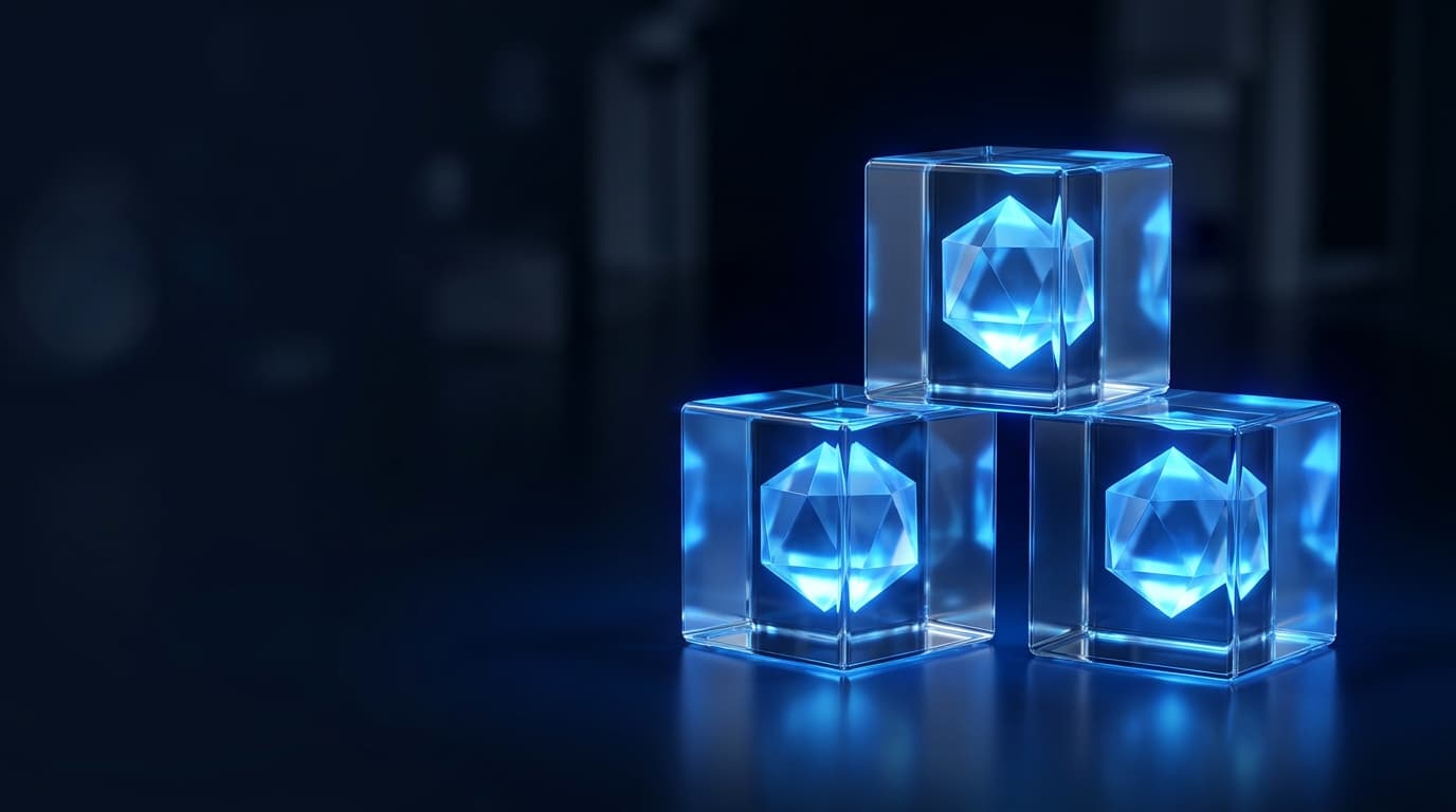 Illustration of three glowing glass cubes holding abstract crystals