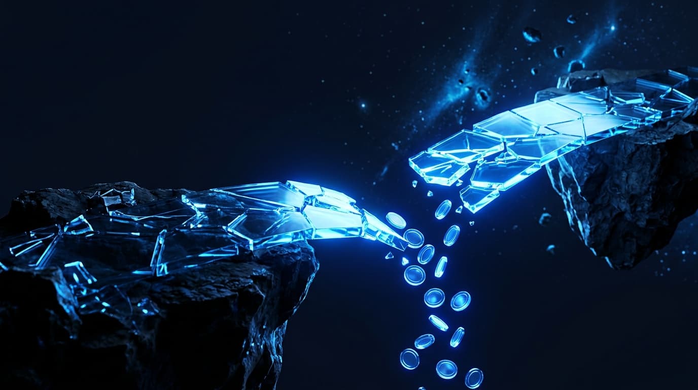 Illustration of a broken glowing glass bridge between two floating islands with coins falling into the gap
