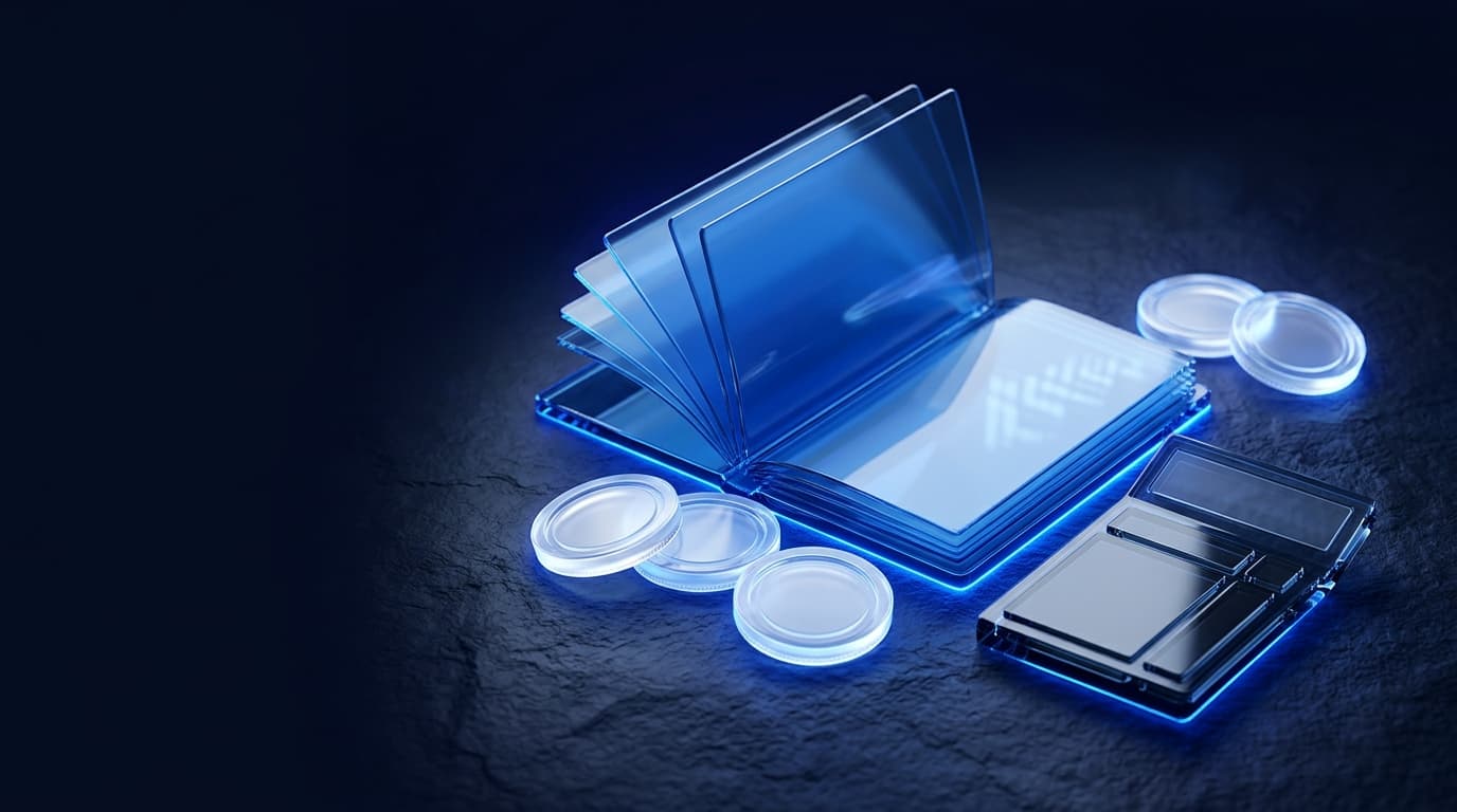 Illustration of an open glass ledger with translucent coins and a calculator on dark stone