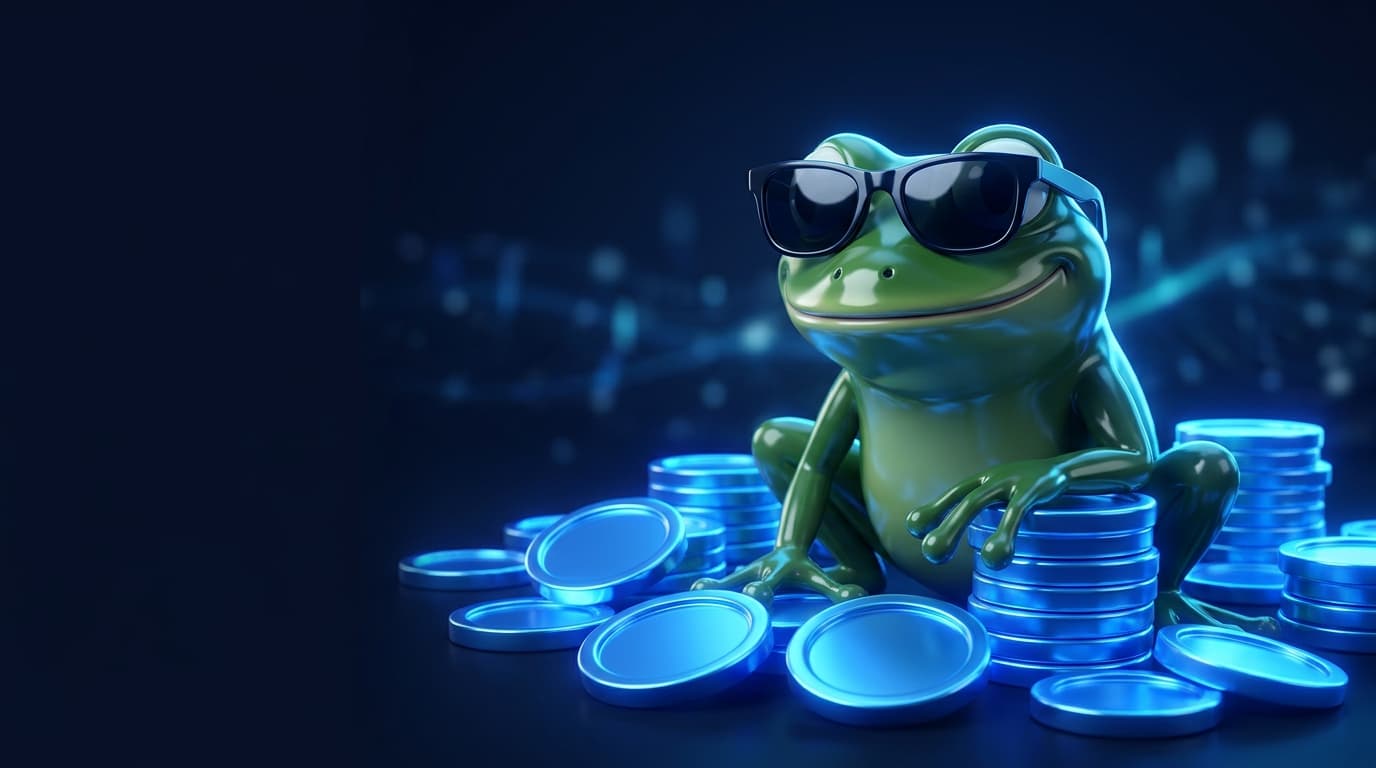 Illustration of a glossy frog mascot in sunglasses sitting among glowing blue coins