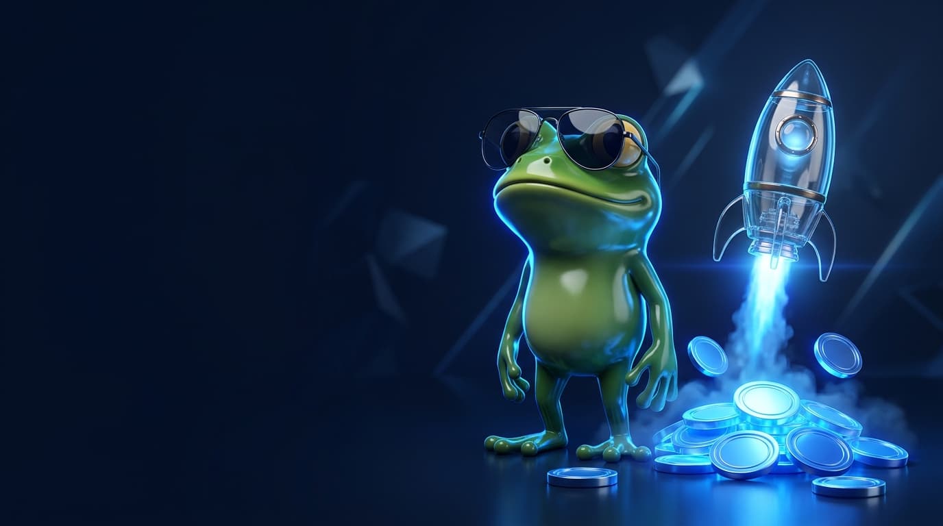 Illustration of a glossy frog mascot in sunglasses beside a small glass rocket lifting off from glowing coins