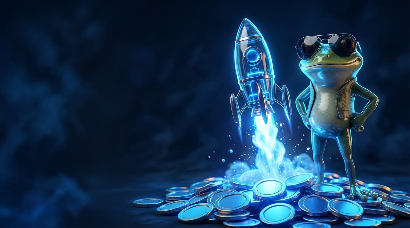 Illustration of a glossy frog mascot in sunglasses beside a small glass rocket lifting off from glowing coins