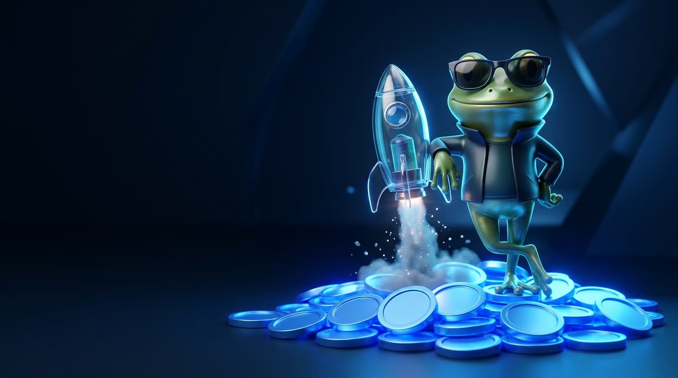 Illustration of a glossy frog mascot in sunglasses beside a small glass rocket lifting off from glowing coins