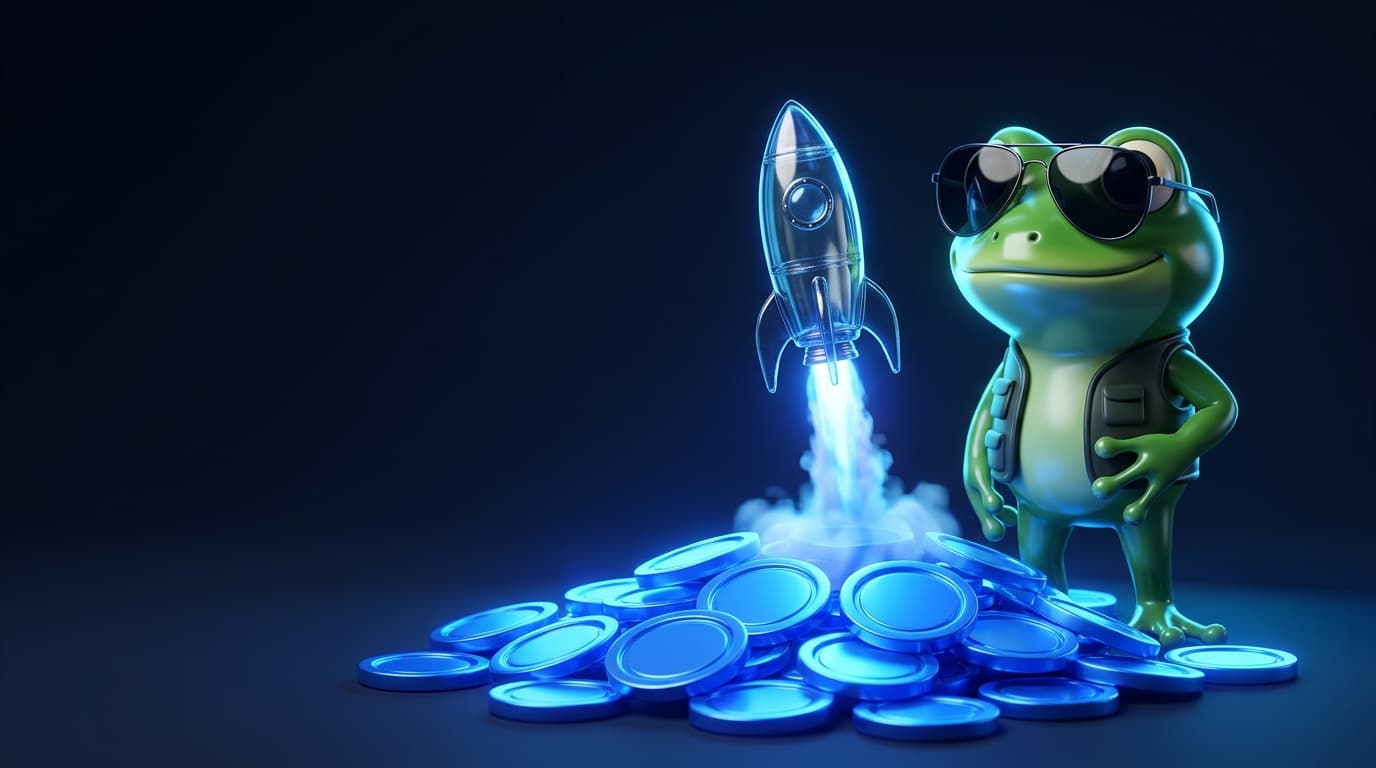 Illustration of a glossy frog mascot in sunglasses beside a small glass rocket lifting off from glowing coins