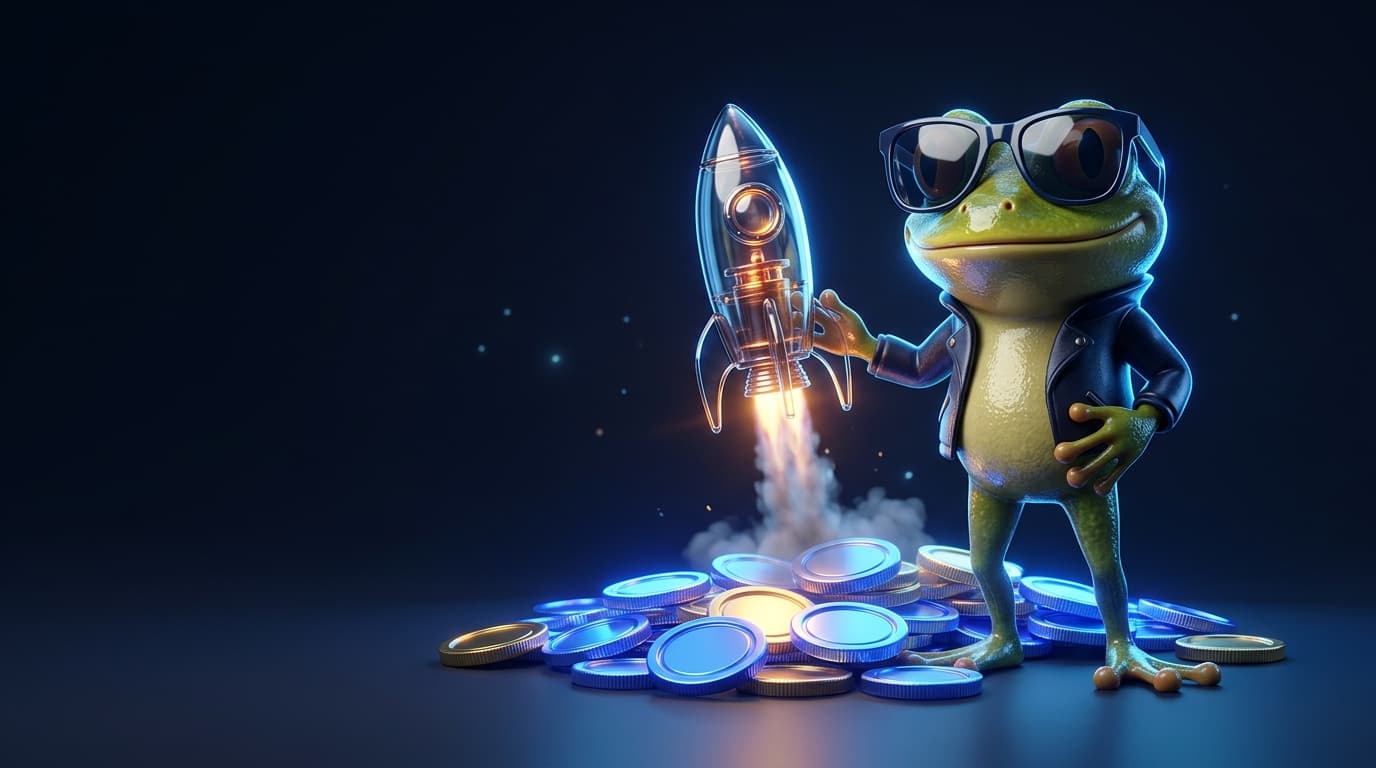 Illustration of a glossy frog mascot in sunglasses beside a small glass rocket lifting off from glowing coins