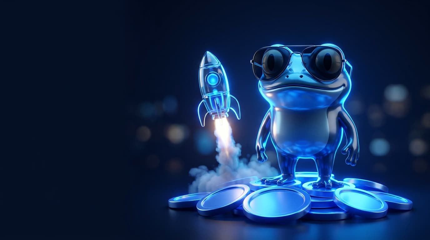 Illustration of a glossy frog mascot in sunglasses beside a small glass rocket lifting off from glowing coins