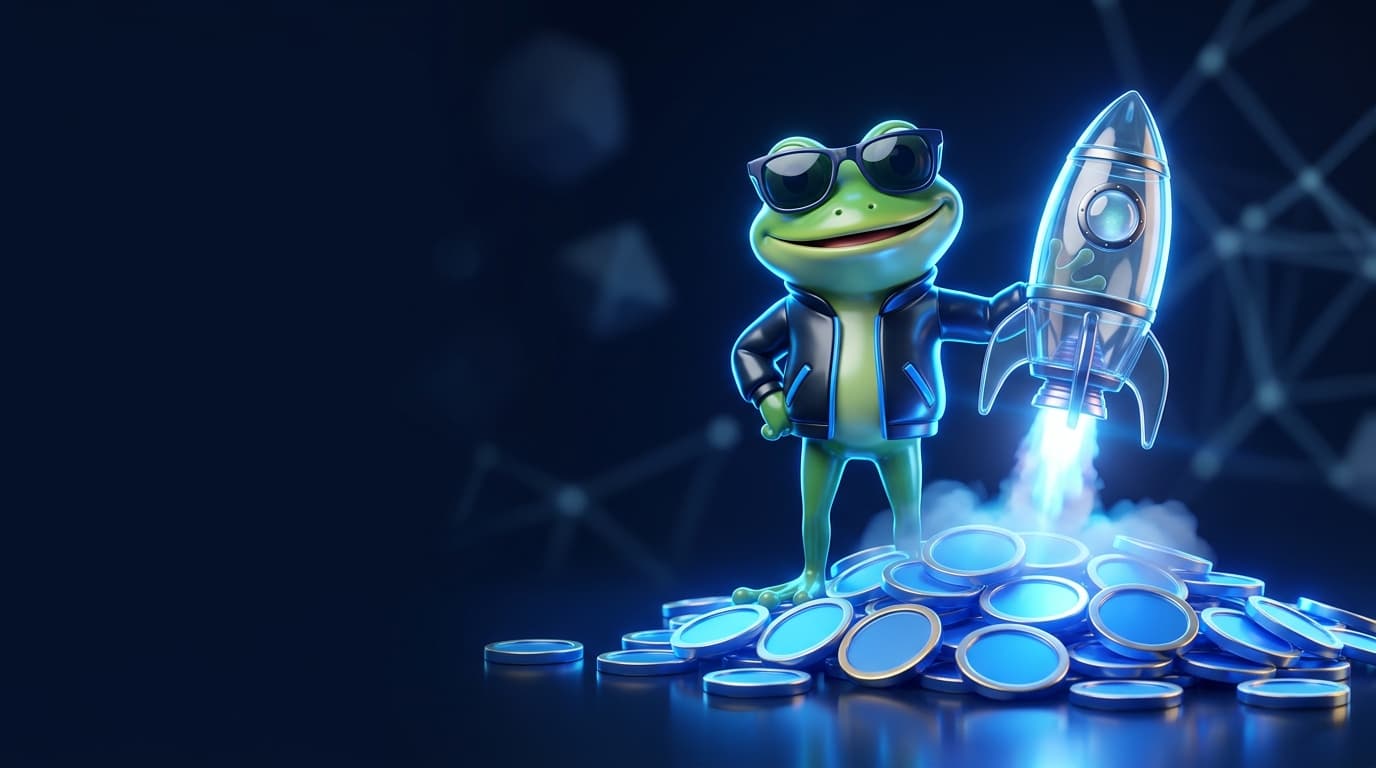 Illustration of a glossy frog mascot in sunglasses beside a small glass rocket lifting off from glowing coins