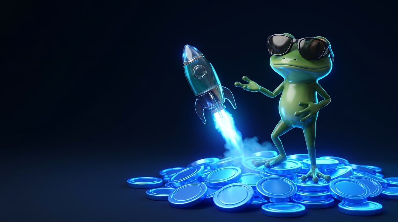 Illustration of a glossy frog mascot in sunglasses beside a small glass rocket lifting off from glowing coins