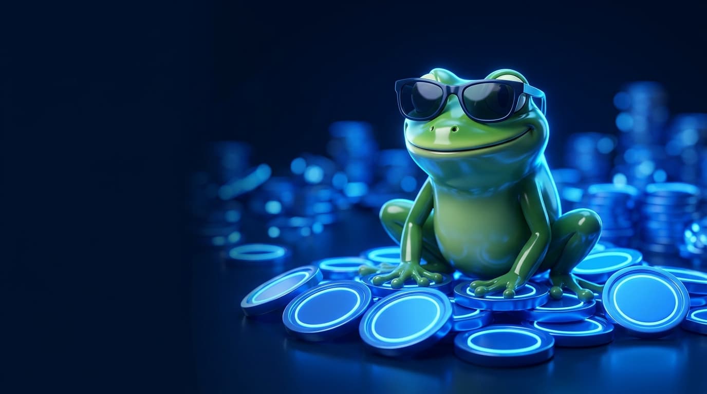 Illustration of a glossy frog mascot in sunglasses sitting among glowing blue coins