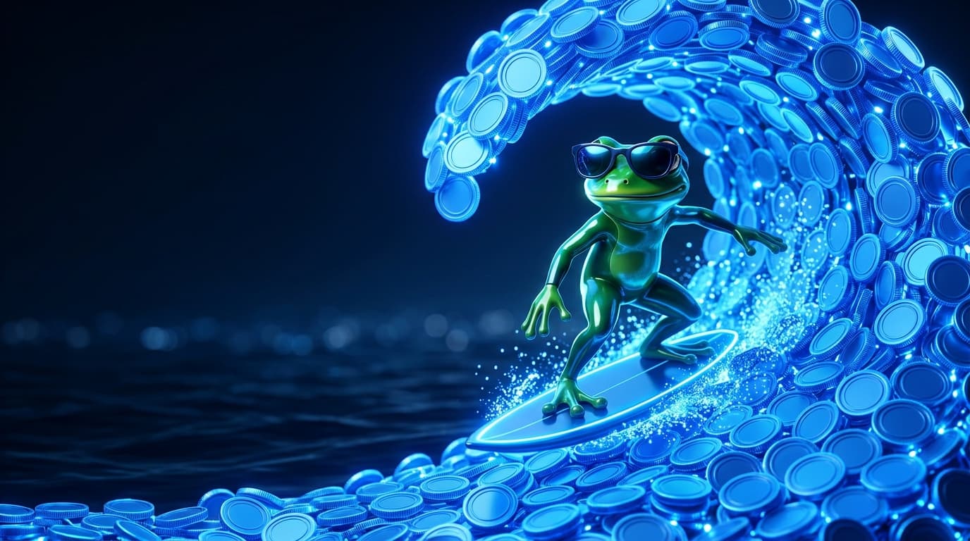 Illustration of a glossy frog mascot in sunglasses surfing a wave of glowing blue coins