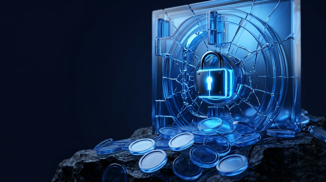 Illustration of a cracked glass vault door with a glowing padlock and coins spilling onto dark rock