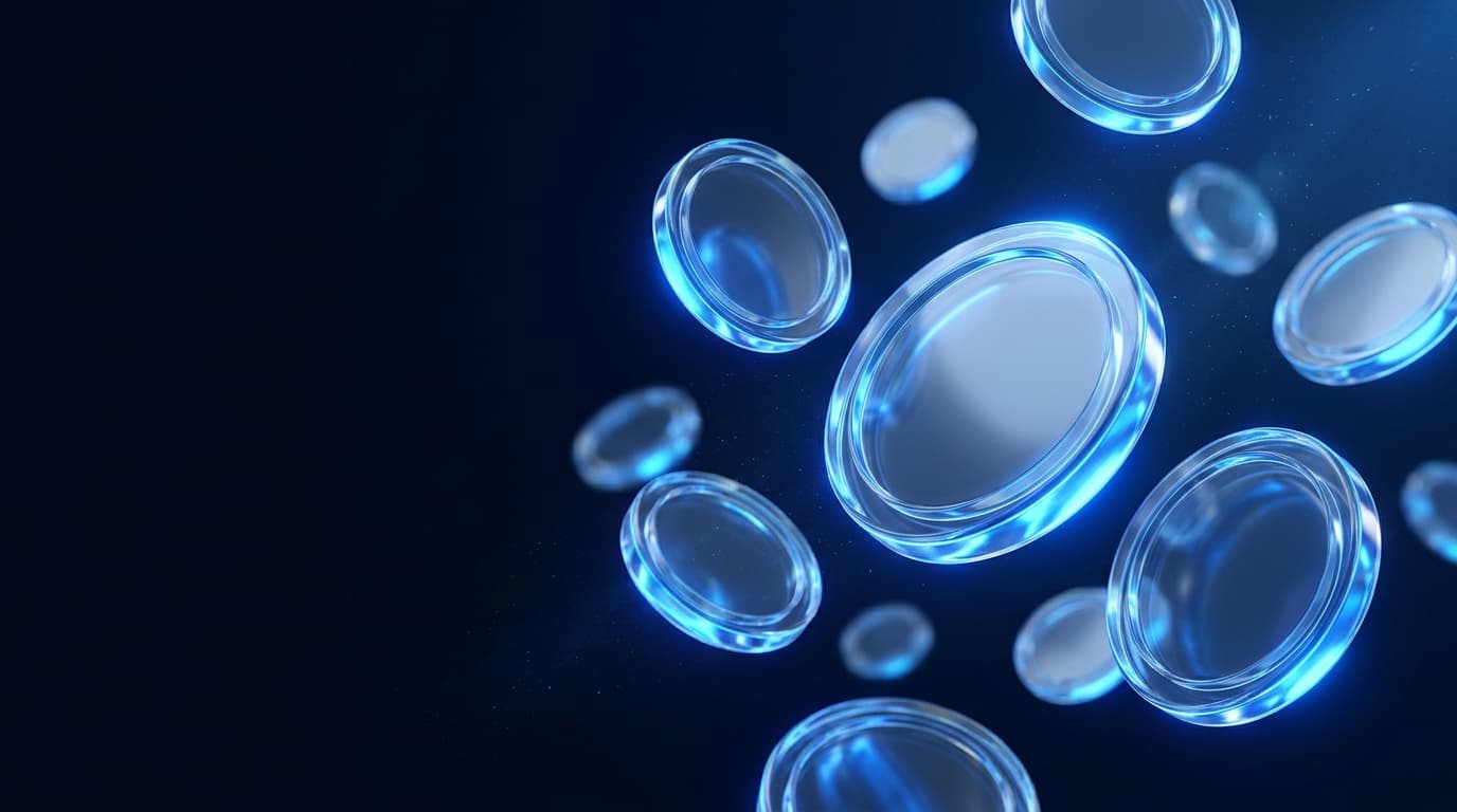 Illustration of translucent glass coins floating in the dark