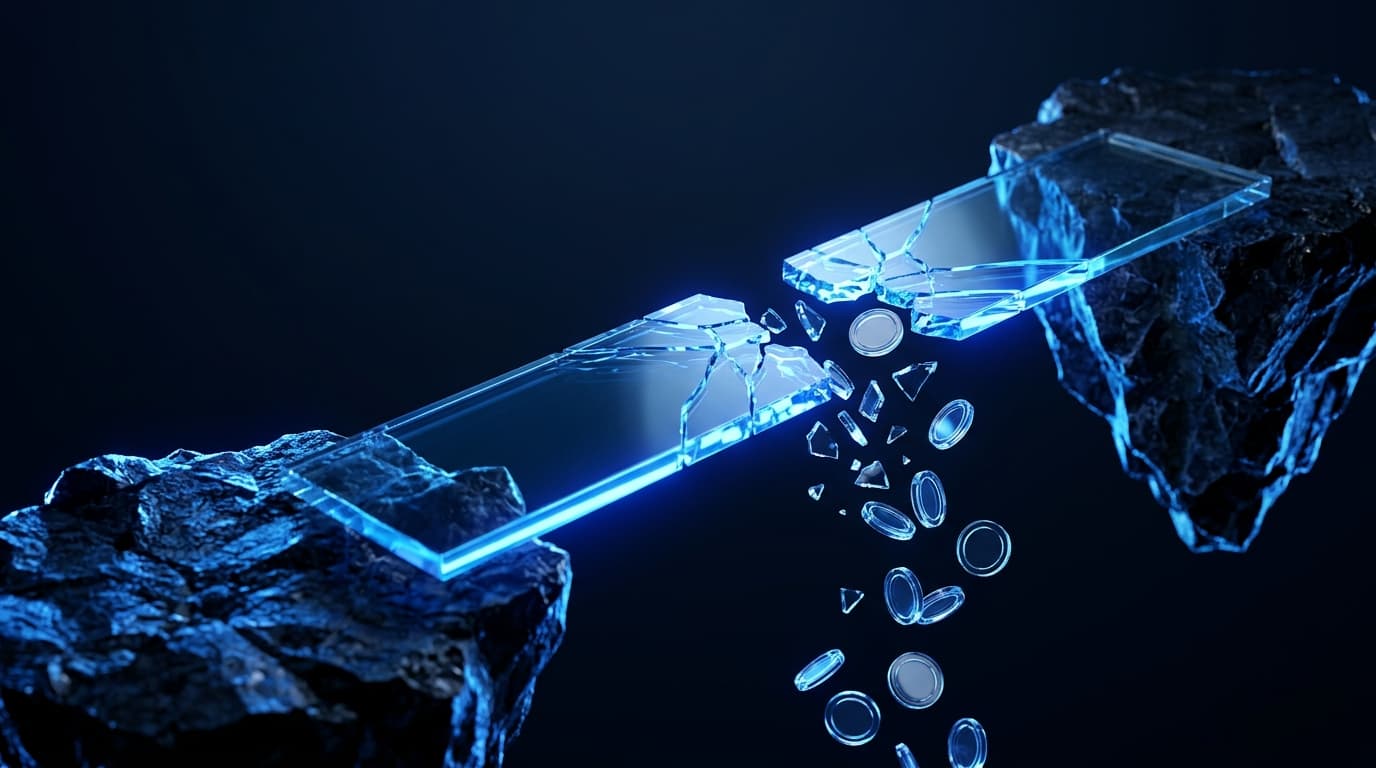 Illustration of a broken glowing glass bridge between two floating islands with coins falling into the gap