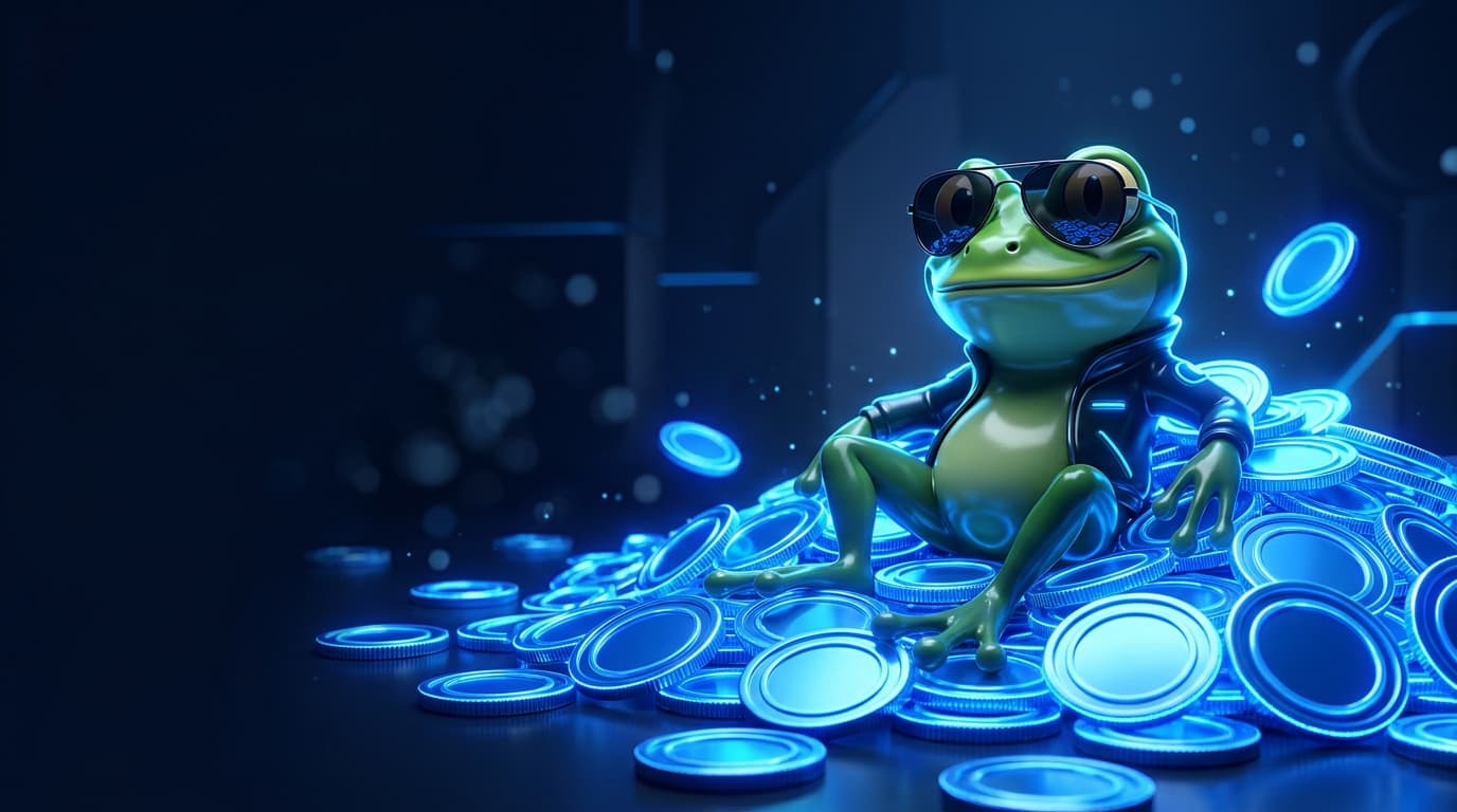 Illustration of a glossy frog mascot in sunglasses sitting among glowing blue coins