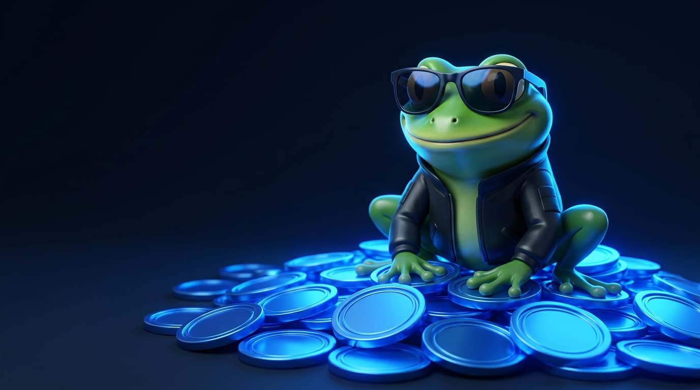 Illustration of a glossy frog mascot in sunglasses sitting among glowing blue coins