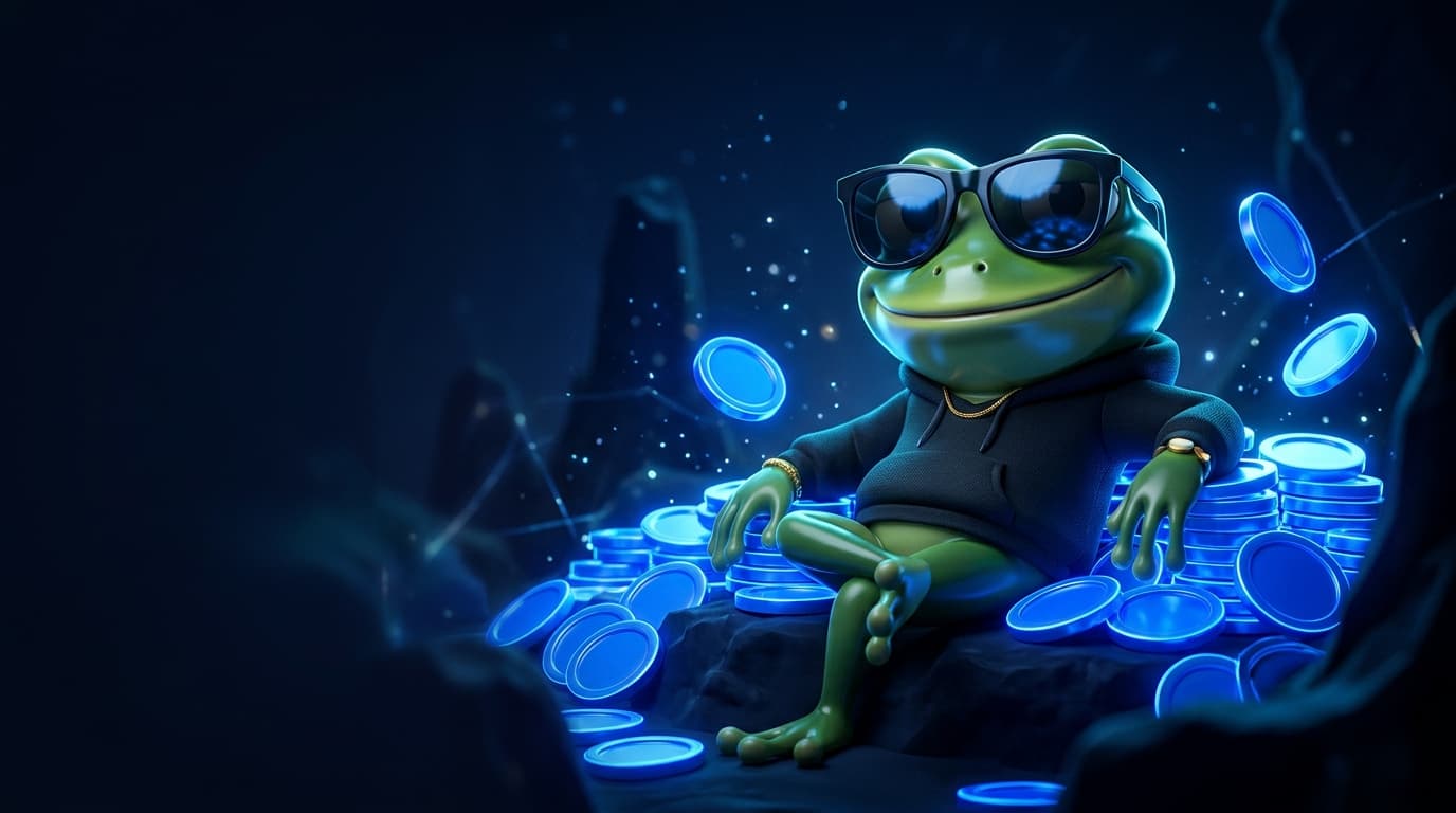 Illustration of a glossy frog mascot in sunglasses sitting among glowing blue coins