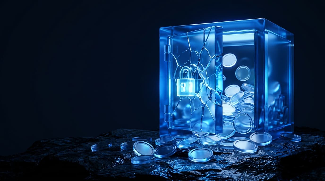 Illustration of a cracked glass vault door with a glowing padlock and coins spilling onto dark rock