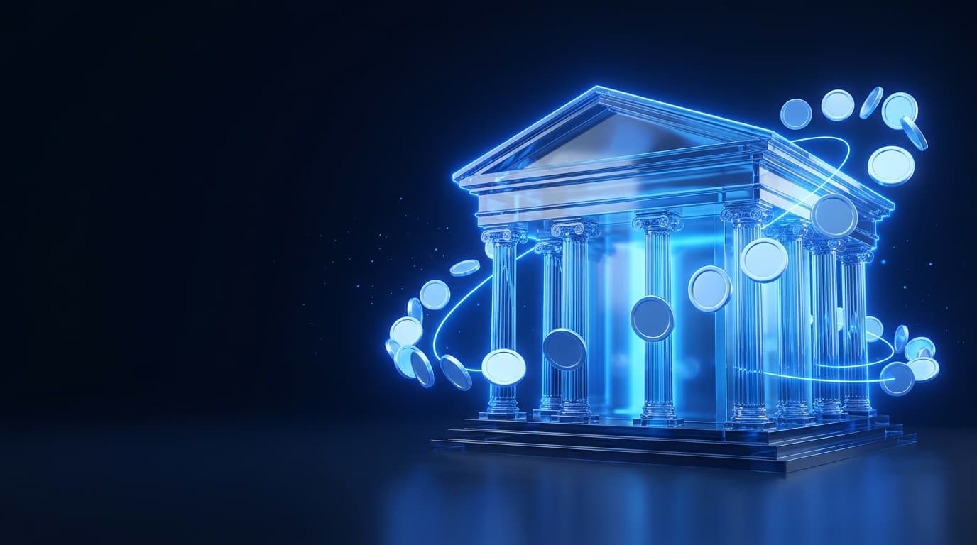 Illustration of a glass government building with glowing coins orbiting it