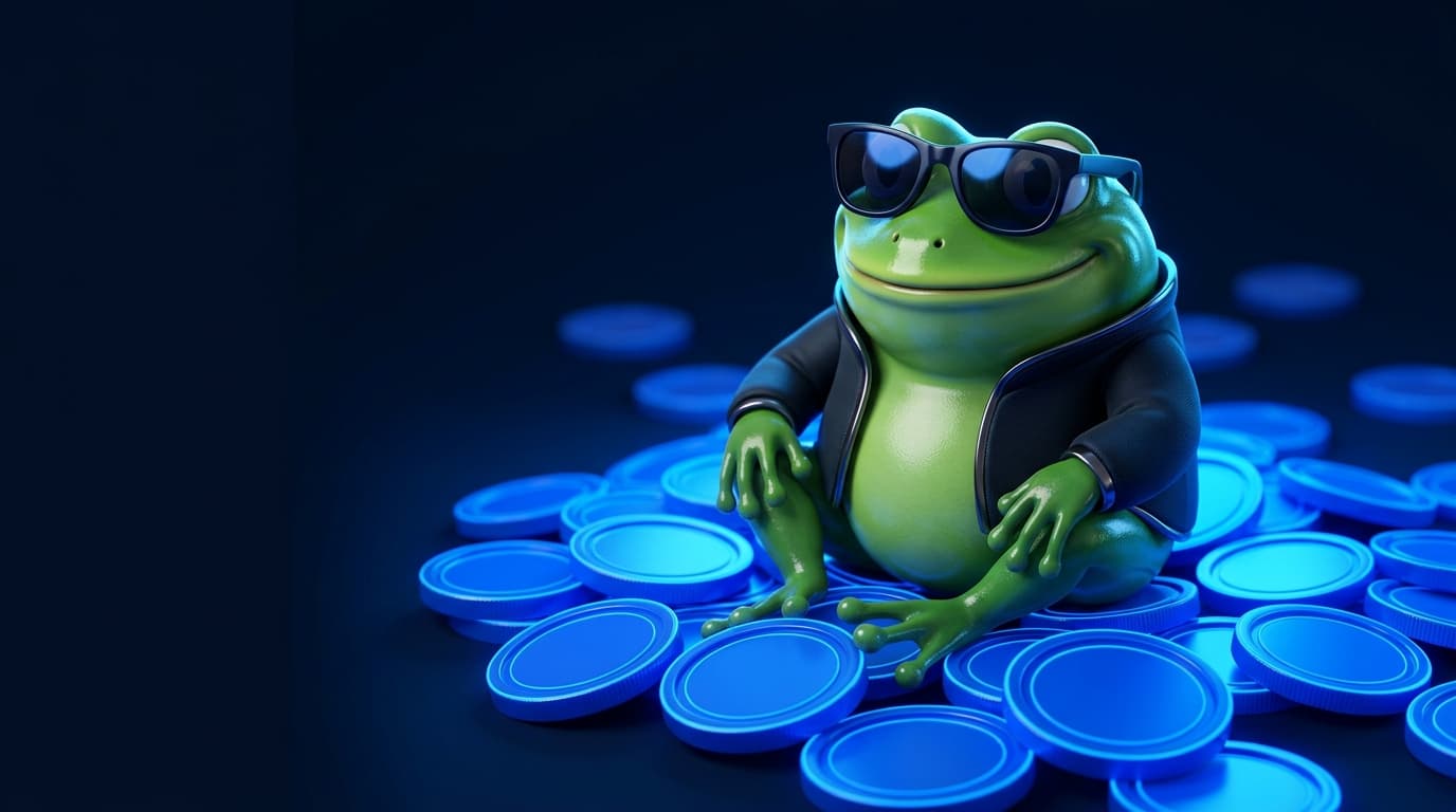Illustration of a glossy frog mascot in sunglasses sitting among glowing blue coins