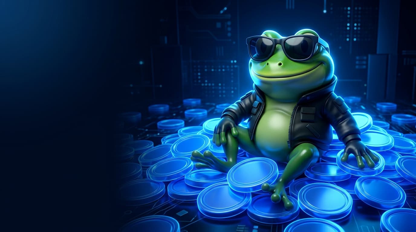 Illustration of a glossy frog mascot in sunglasses sitting among glowing blue coins