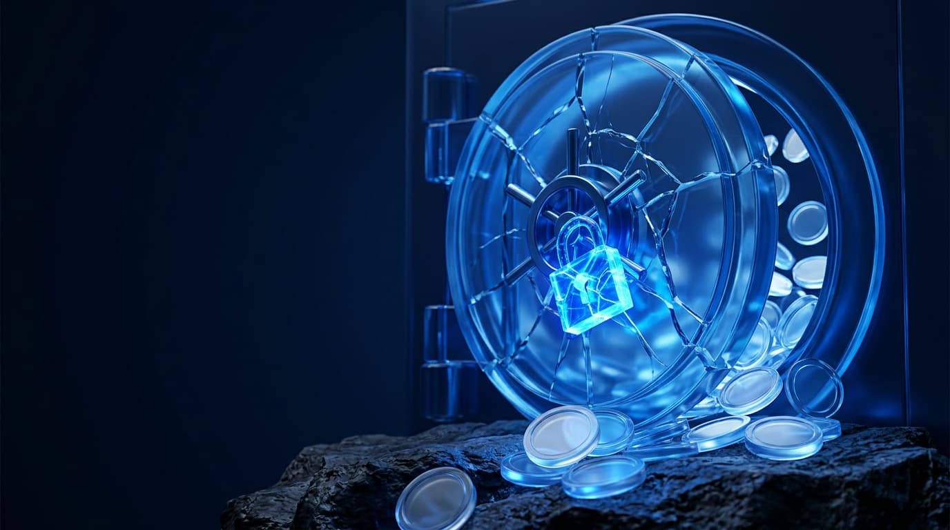 Illustration of a cracked glass vault door with a glowing padlock and coins spilling onto dark rock