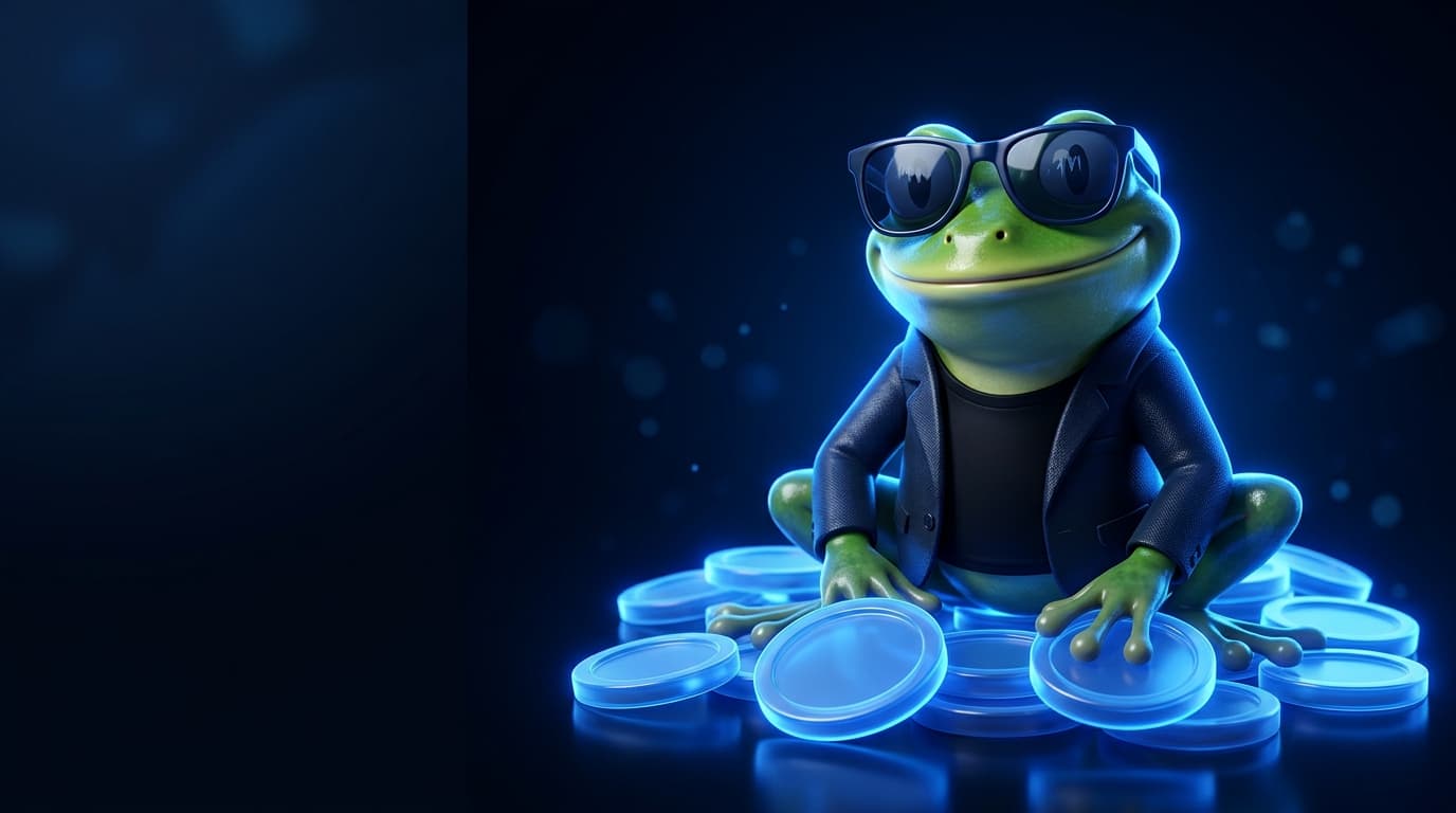 Illustration of a glossy frog mascot in sunglasses sitting among glowing blue coins