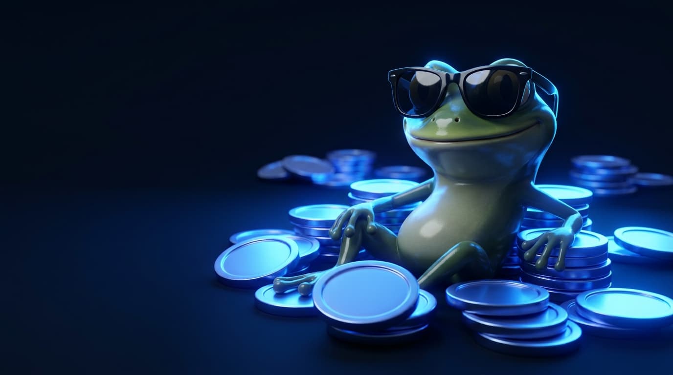 Illustration of a glossy frog mascot in sunglasses sitting among glowing blue coins